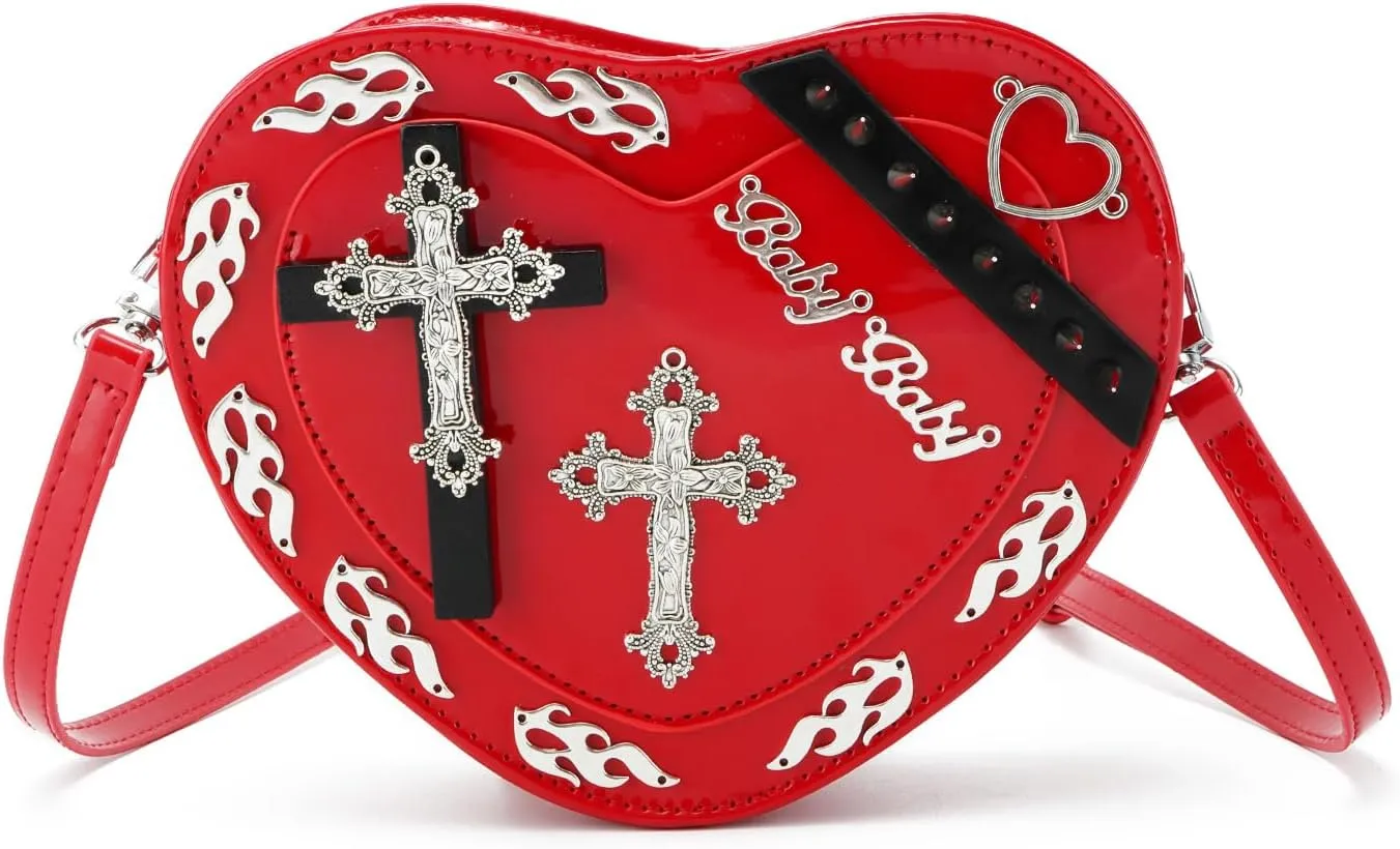 SUKUTU Women Gothic Punk Crossbody Bag Cute Heart Shaped Studded Shoulder Bag Purse