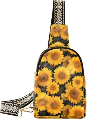 Sunflower Full-Print Leather Fashion Waist Pack Small Crossbody Bag with Card Slots & Adjustable Strap for Biking Shopping Hiking Running & Casual Outings