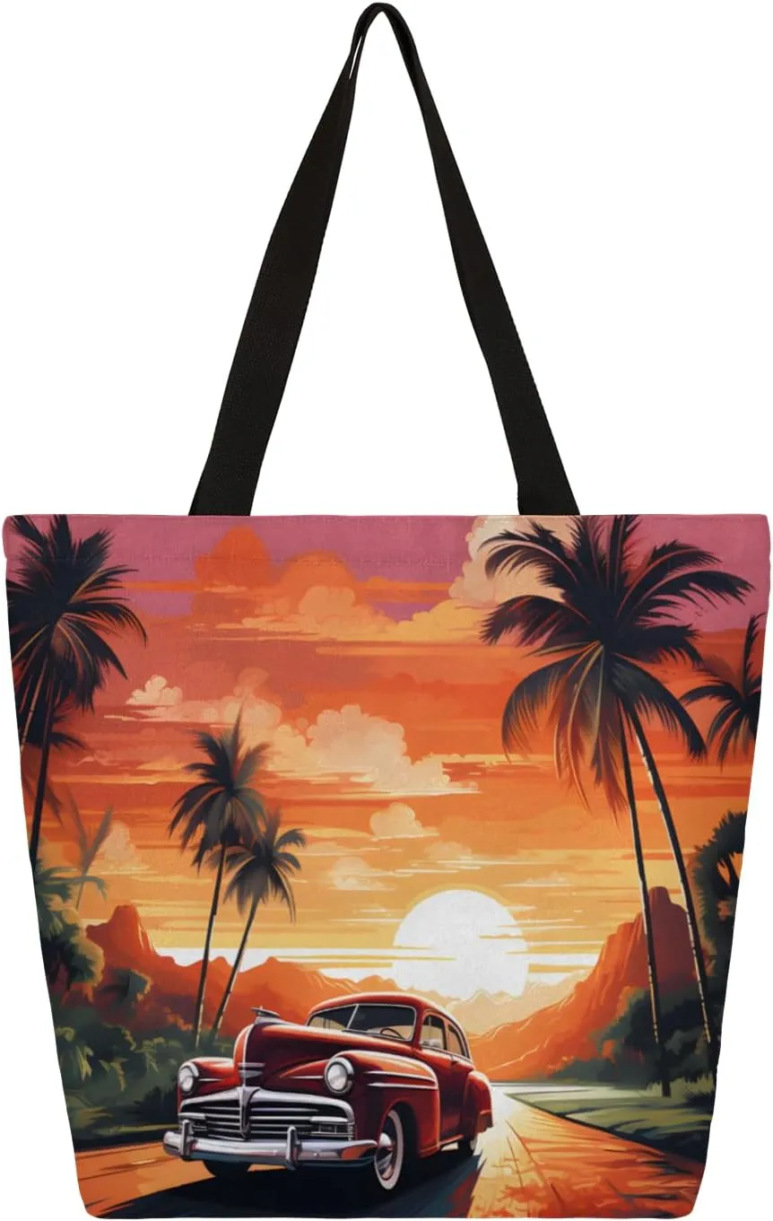 Sunset Coconut Island Tree Car Coconut Large Capacity Canvas Tote Bag Stylish Handheld Shoulder Bag Reusable Shopping Bag for Work Travel Beach Trips Shopping