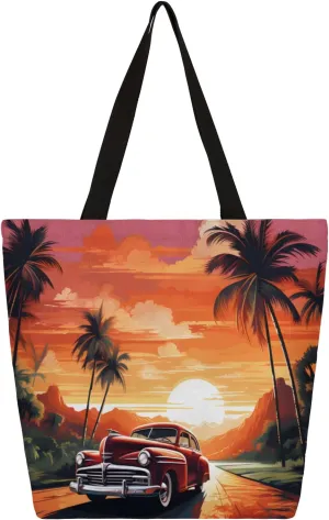 Sunset Coconut Island Tree Car Coconut Large Capacity Canvas Tote Bag Stylish Handheld Shoulder Bag Reusable Shopping Bag for Work Travel Beach Trips Shopping