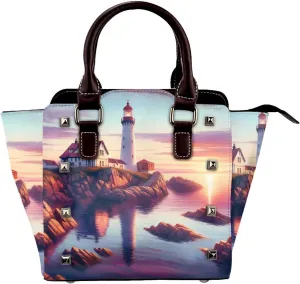 Sunset-Lighthouse-Ocean Pu Leather Crossbody Studded Bag, Fashionable Shoulder Handbag With Detachable Shoulder Strap