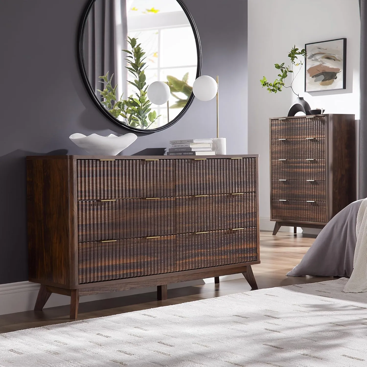 T4TREAM Fluted 6 Drawers Dresser, 54" Wide Modern Chest of Drawers, Curved Profile Design, Dresser TV Stand, Wood Drawer Organizer for Bedroom, Living Room, Hallway, Dark Walnut