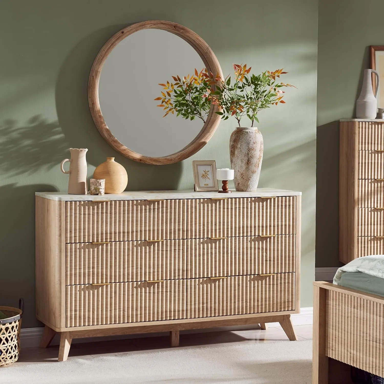 T4TREAM Fluted 6 Drawers Dresser, 54" Wide Modern Chest of Drawers with Faux Marble Top, Curved Profile Design, Dresser TV Stand, Wood Drawer Organizer for Bedroom, Living Room, Hallway, Natural Oak