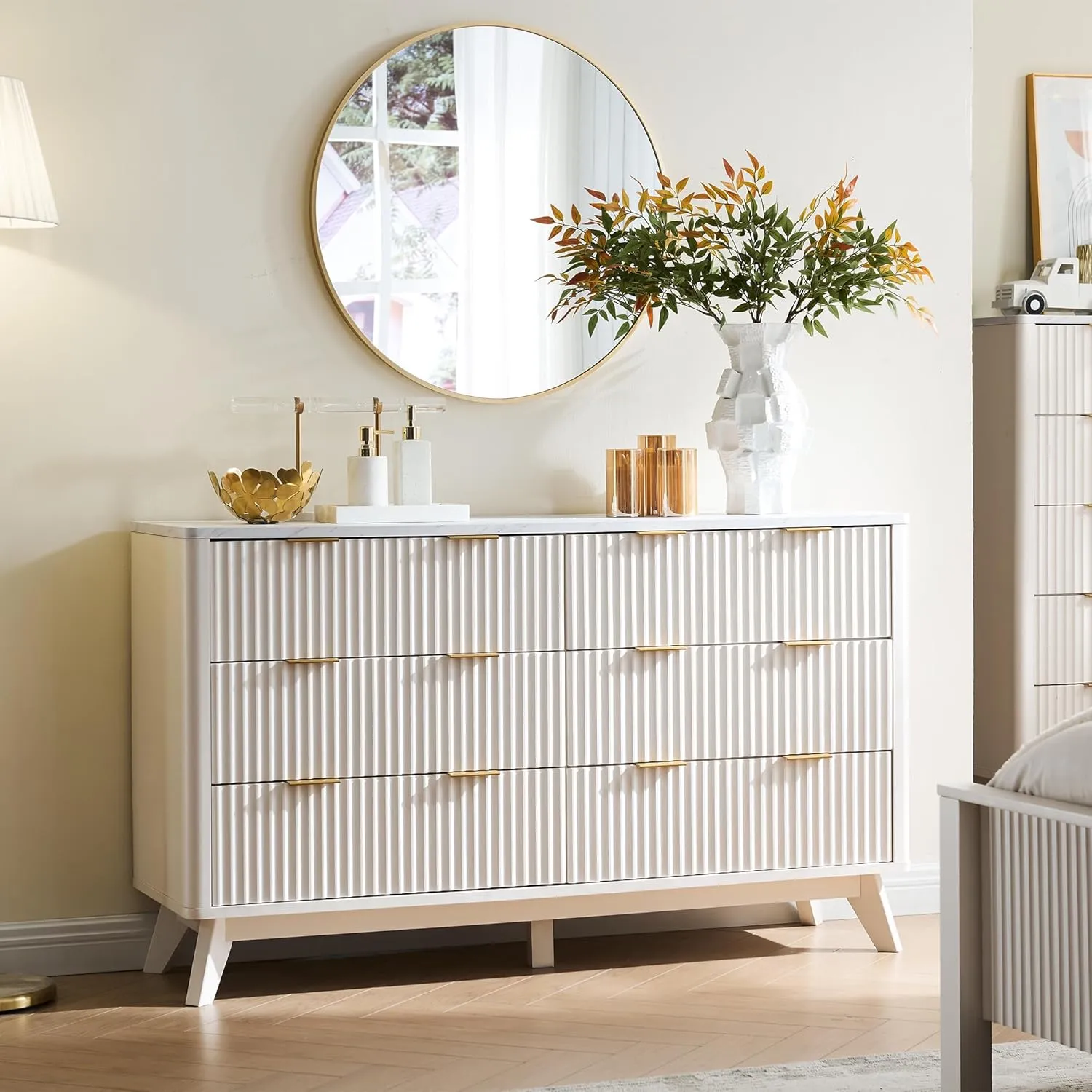 T4TREAM Fluted 6 Drawers Dresser, 54" Wide Modern Chest of Drawers with Faux Marble Top, Curved Profile Design, Dresser TV Stand, Wood Drawer Organizer for Bedroom, Living Room, Hallway, Solid White