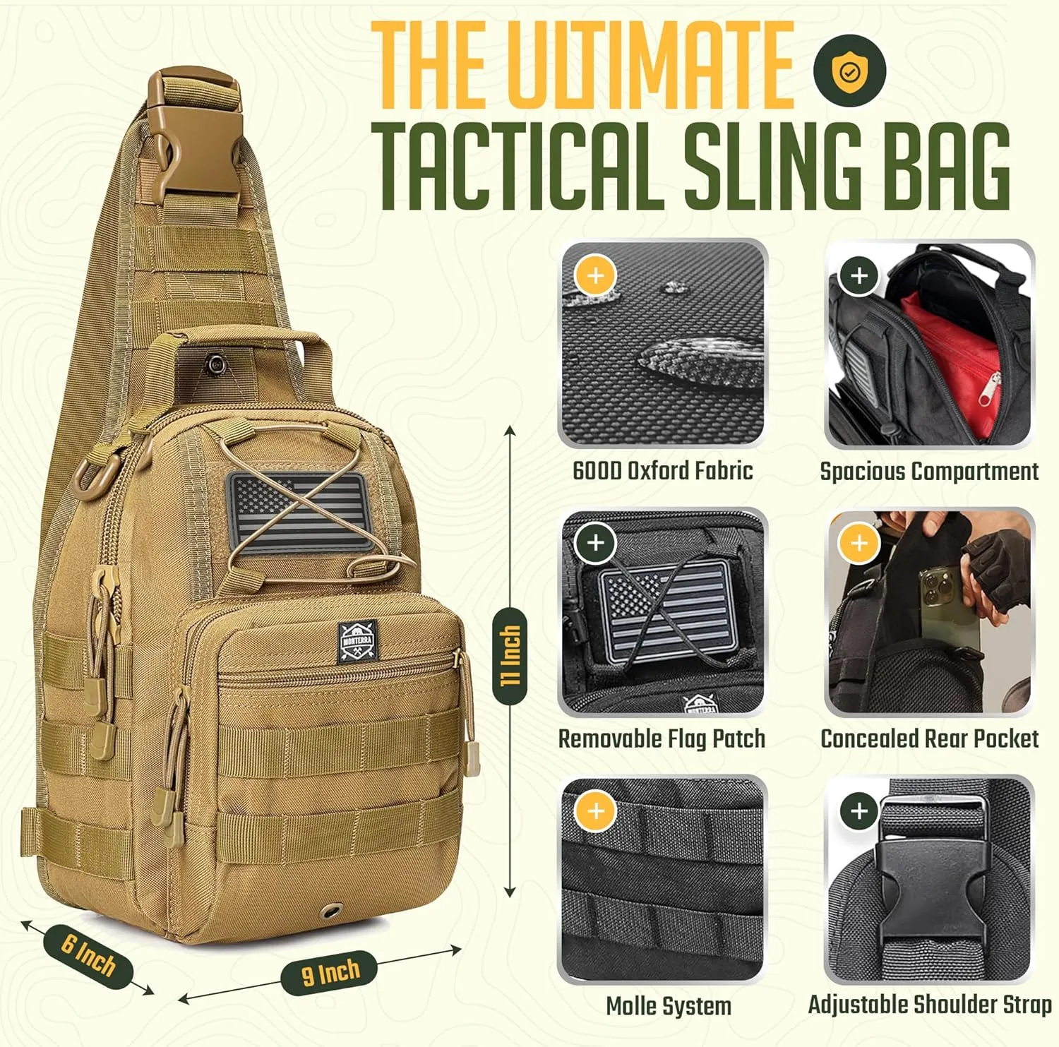 Tactical Shoulder Sling Bag for EDC, Crossbody, Outdoor Sports Gear and Equipment, Travel Daypack, Hiking Backpack. (Desert Tan)