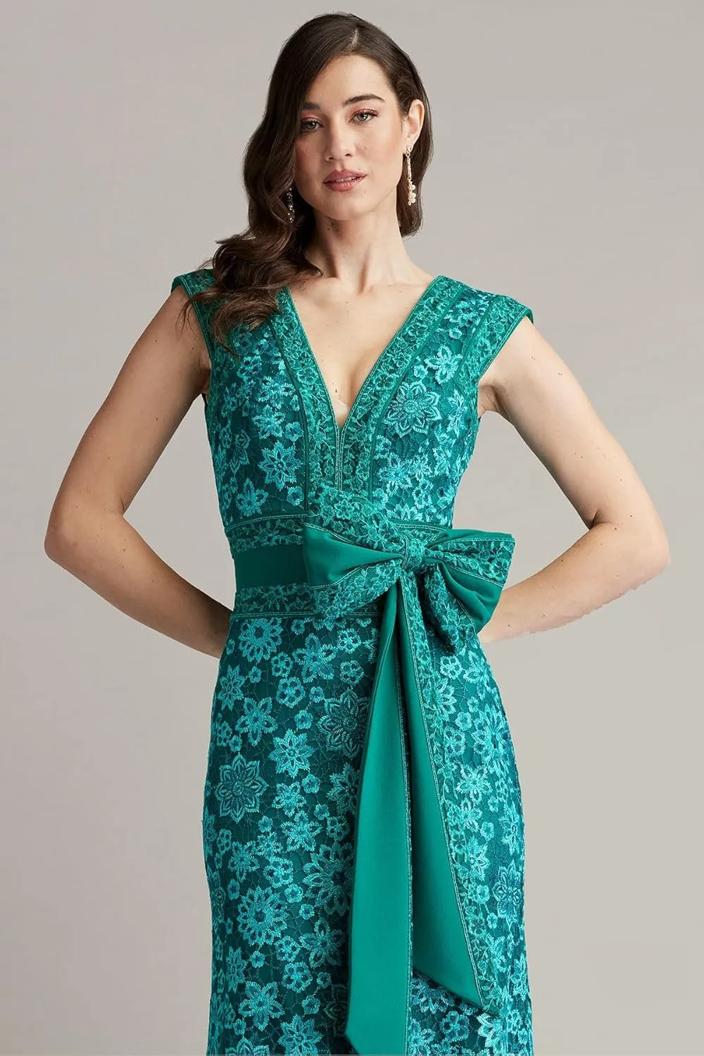 Tadashi Shoji Esha Embroidered Waist Bow Gown