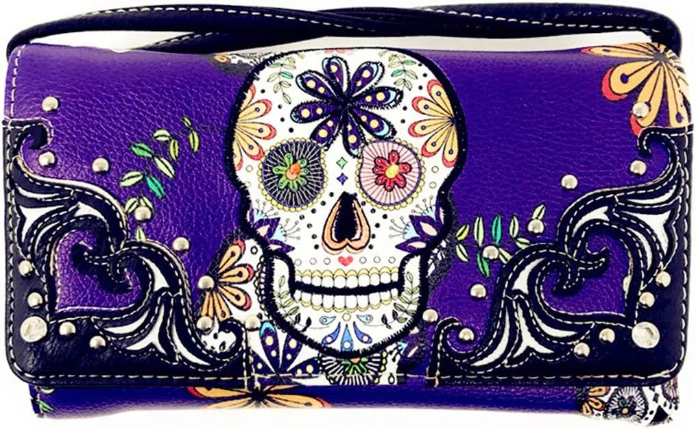 Texas West Women's Embroidered Flora Sugar Skull Purse Handbag and Clutch Wallet set in 4 colors
