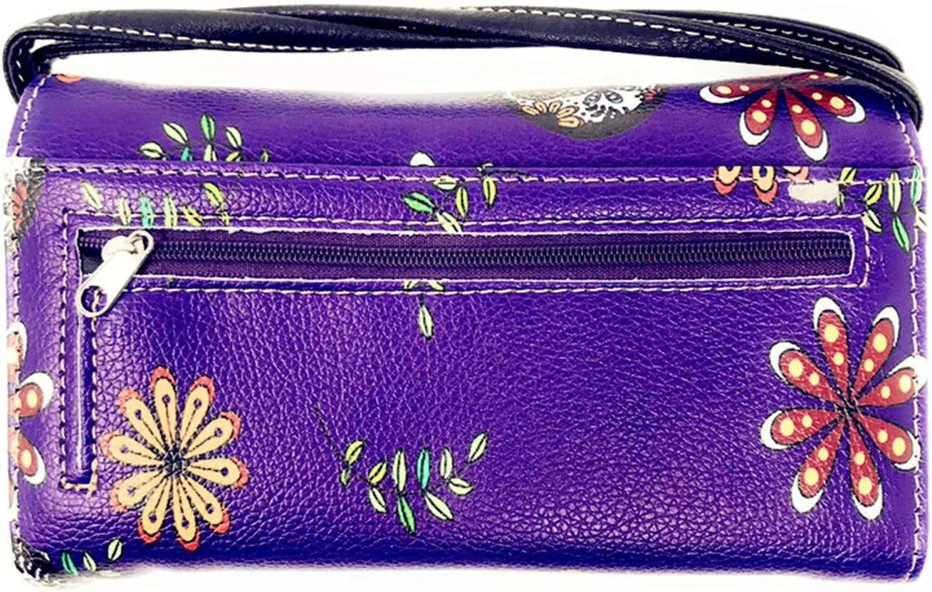 Texas West Women's Embroidered Flora Sugar Skull Purse Handbag and Clutch Wallet set in 4 colors