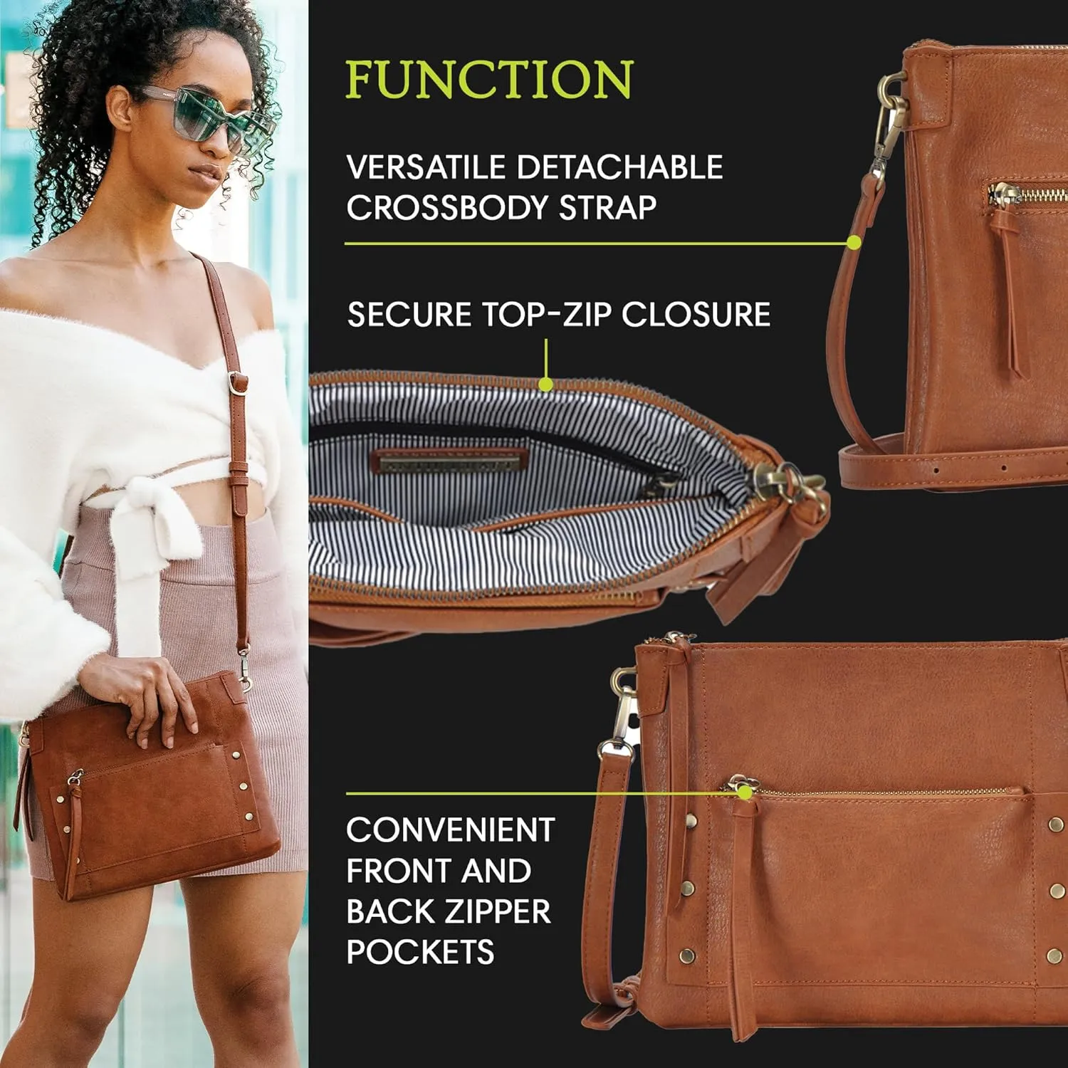 The Savannah Crossbody Shoulder Bag | Vegan leather Shoulder Bag with removable crossbody strap |11"x 1.5"x8.5"|