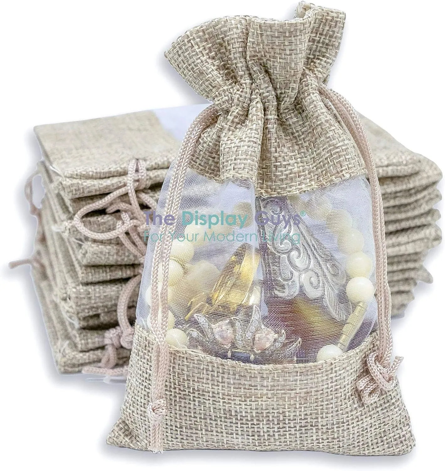 TheDisplayGuys - 96-Pack 3.5x5.5 Linen Burlap & Sheer Organza Gift Bag with Drawstring for Party Favors, Presents, Samples & Treats Mesh Pouch (Beige, Small)
