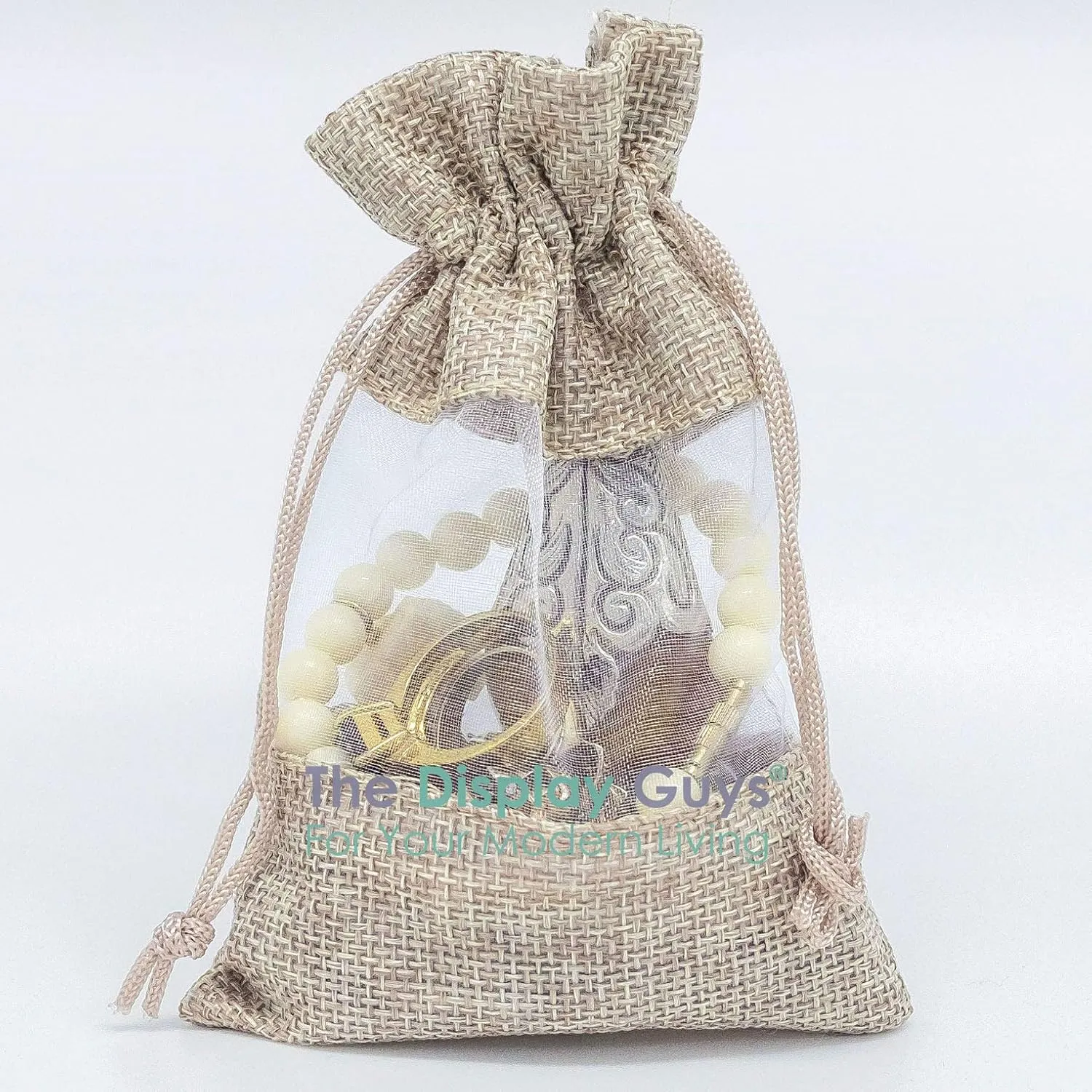 TheDisplayGuys - 96-Pack 3.5x5.5 Linen Burlap & Sheer Organza Gift Bag with Drawstring for Party Favors, Presents, Samples & Treats Mesh Pouch (Beige, Small)