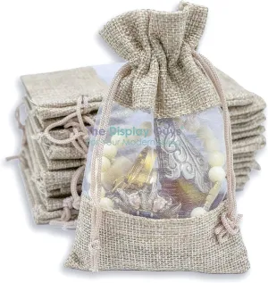 TheDisplayGuys - 96-Pack 3.5x5.5 Linen Burlap & Sheer Organza Gift Bag with Drawstring for Party Favors, Presents, Samples & Treats Mesh Pouch (Beige, Small)