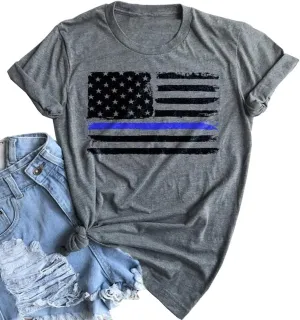 Thin Blue Line American Flag Shirt Women Patriotic Shirt Distressed Stars Stripes Graphic 4th of July Tshirt USA Flag Tops