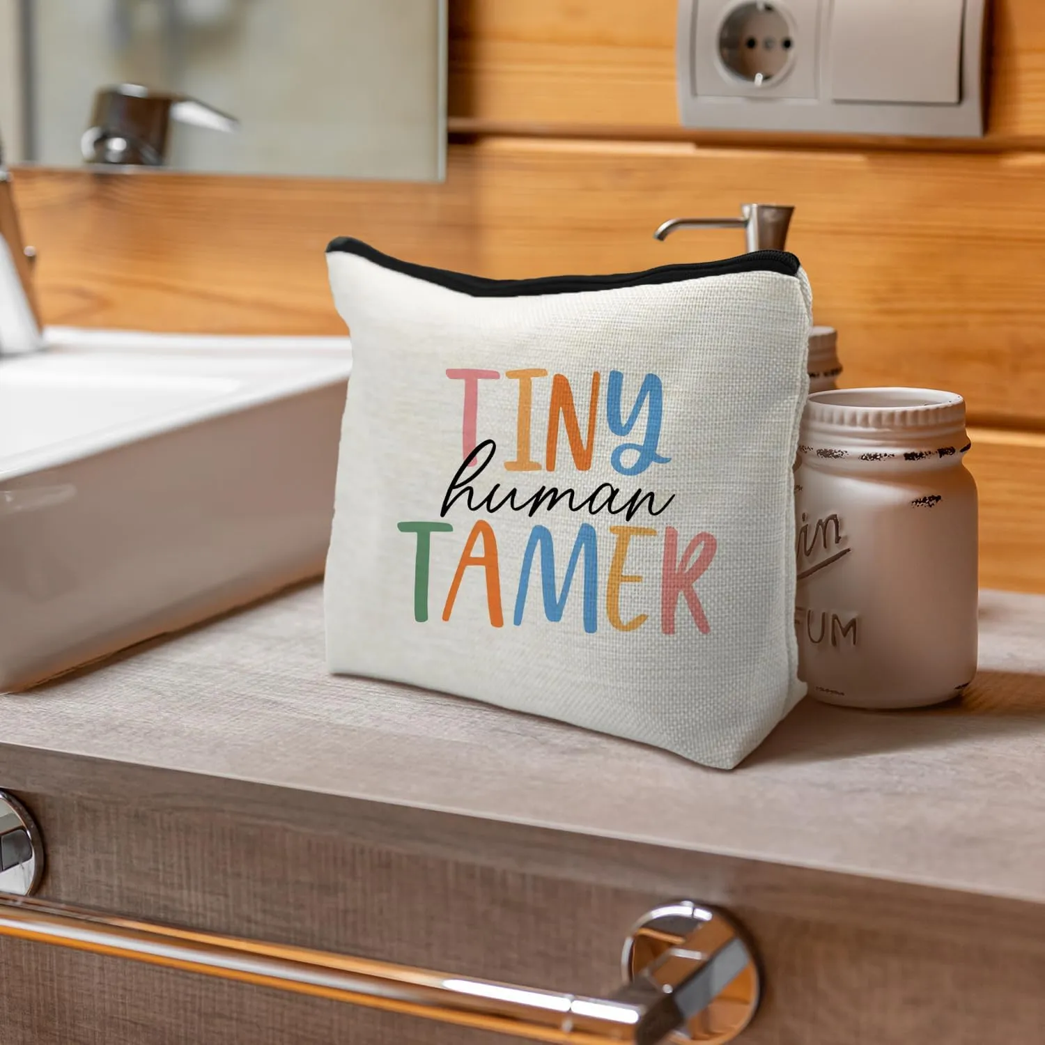 Tiny Human Tamer Teacher Makeup Pouch, Funny Teacher Makeup Bag, Zipper Pouch for Purse (White)