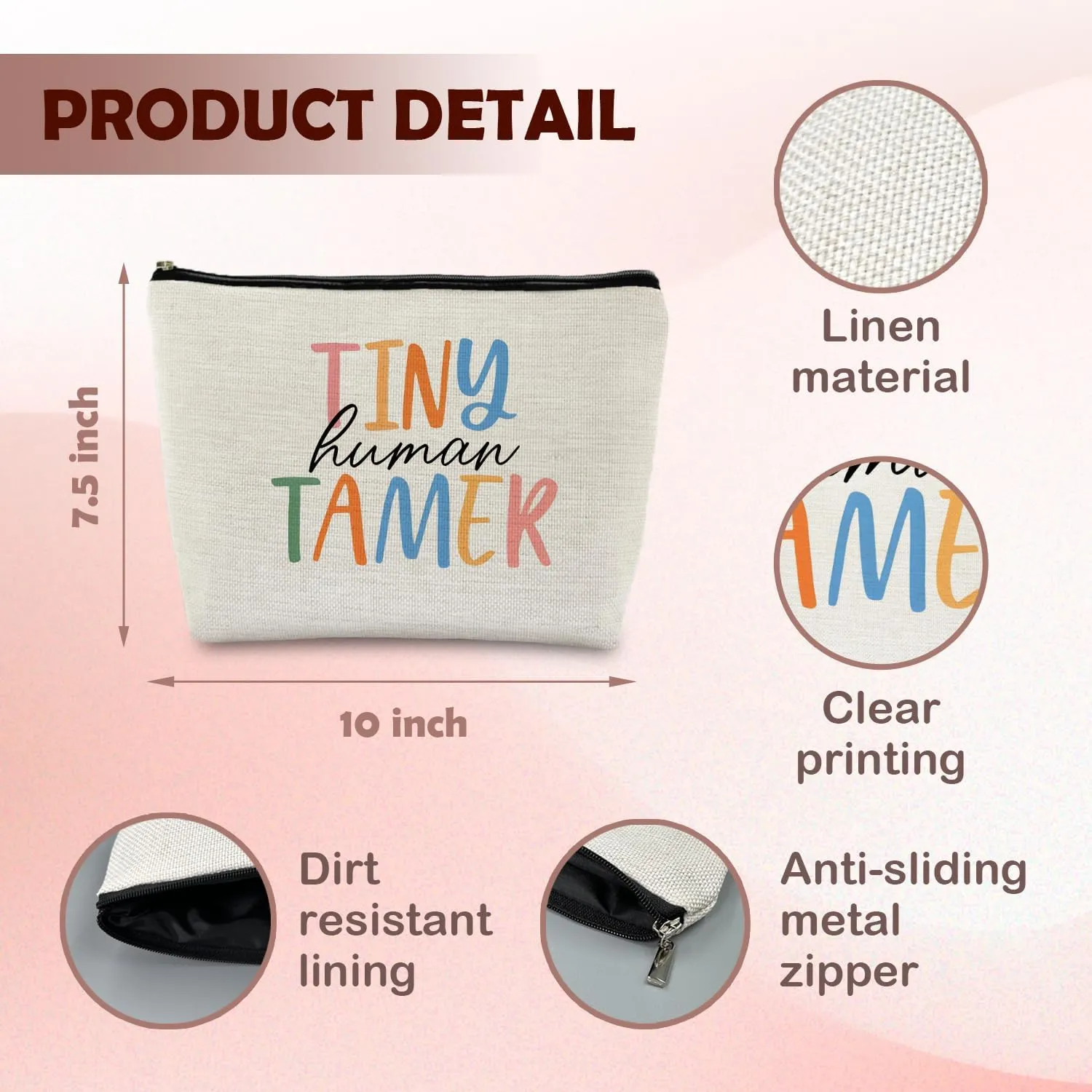 Tiny Human Tamer Teacher Makeup Pouch, Funny Teacher Makeup Bag, Zipper Pouch for Purse (White)