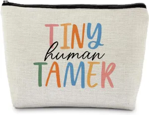 Tiny Human Tamer Teacher Makeup Pouch, Funny Teacher Makeup Bag, Zipper Pouch for Purse (White)