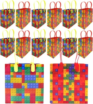 Tiny Mills Building Blocks Brick Party Favor Bags Treat Bags with Handles Birthday Party Goody Bags Candy Bags Pack of 12
