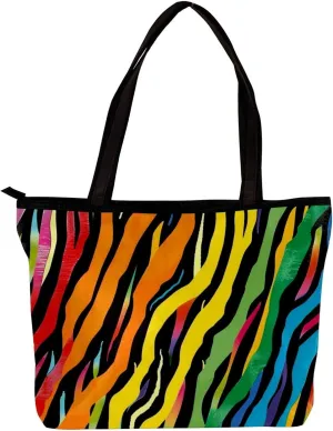 Tote Bag, Large Tote Bag, Tote Bag with Zipper, Rainbow Zebra Pattern Modern, Tote Bag for Work