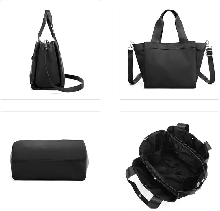 Tote Bag Nylon Crossbody Bag for Women Large Shoulder Bag with Zipper Waterproof Top Handle Handbag for Travel Work Black