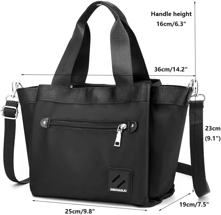 Tote Bag Nylon Crossbody Bag for Women Large Shoulder Bag with Zipper Waterproof Top Handle Handbag for Travel Work Black