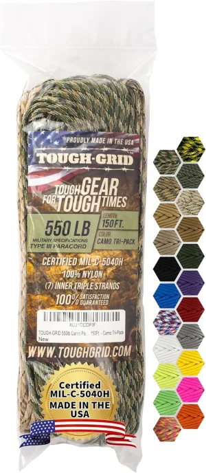 TOUGH-GRID Premium 550lb Paracord Rope - 150ft - Camo Tri-Pack - 100% Nylon Type III Mil-Spec - UV & Abrasion Resistant - Heavy Duty Strands - Outdoor Survival Rope - Used by US Military -Made in USA