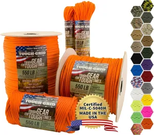 TOUGH-GRID Premium Neon Orange Paracord 550 lbs Made in USA Outdoor Survival Nylon Rope Tactical Heavy Duty Strands Parachute Cord Used by US Military Type III Mil-Spec