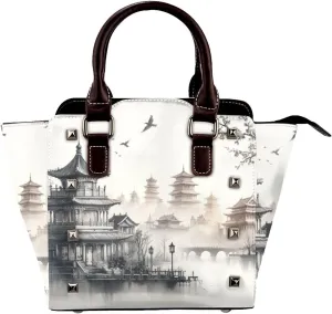 Traditional-Pagodas-Ink-Wash Pu Leather Crossbody Studded Bag, Fashionable Shoulder Handbag With Detachable Shoulder Strap