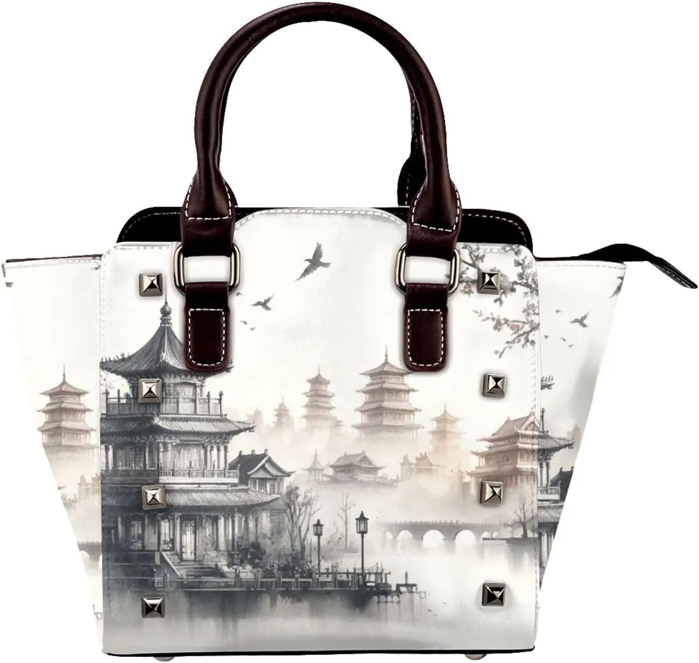 Traditional-Pagodas-Ink-Wash Pu Leather Crossbody Studded Bag, Fashionable Shoulder Handbag With Detachable Shoulder Strap