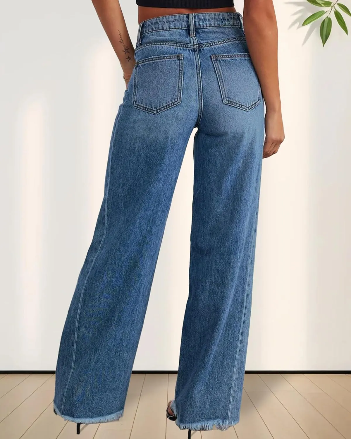 Trendy Women's Baggy Wide Leg Jeans High Rise Stretchy Denim Pants with Raw Hem & Comfort Fit