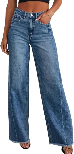 Trendy Women's Baggy Wide Leg Jeans High Rise Stretchy Denim Pants with Raw Hem & Comfort Fit