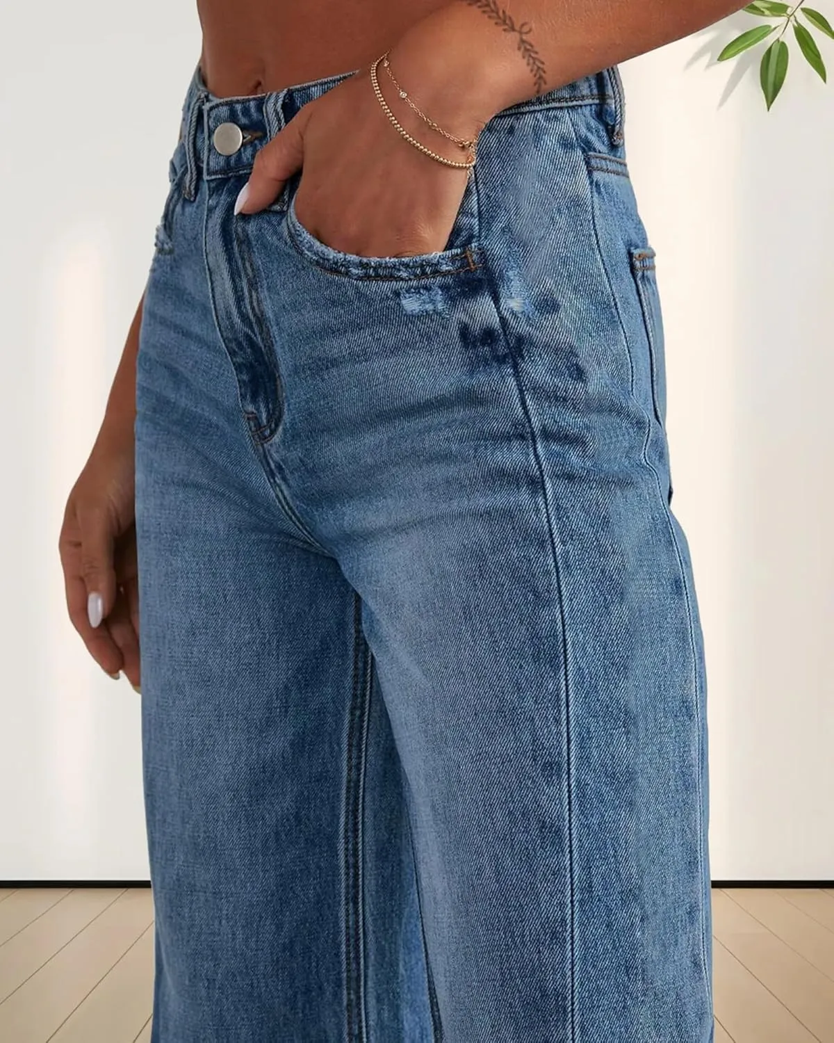 Trendy Women's Baggy Wide Leg Jeans High Rise Stretchy Denim Pants with Raw Hem & Comfort Fit
