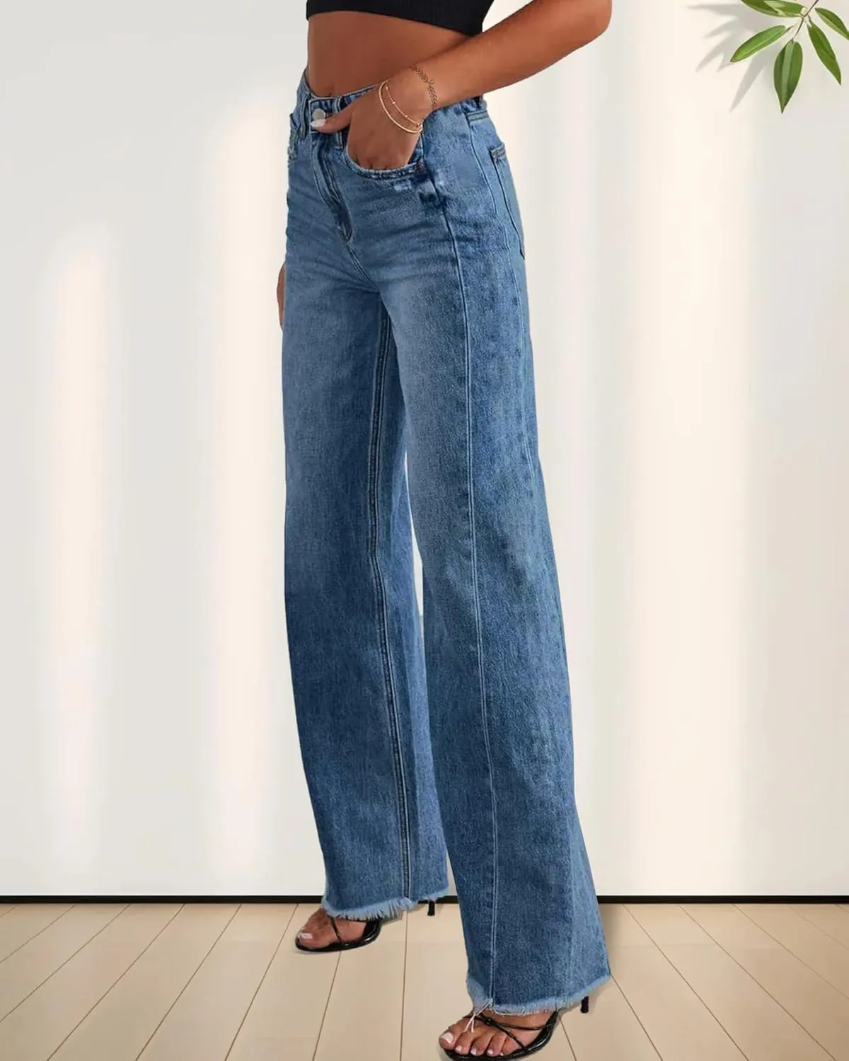 Trendy Women's Baggy Wide Leg Jeans High Rise Stretchy Denim Pants with Raw Hem & Comfort Fit