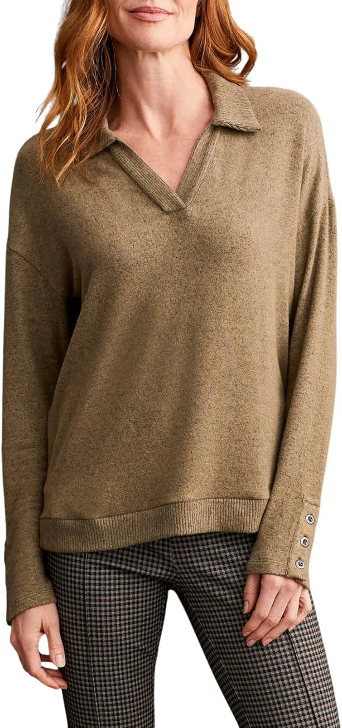 Tribal Women's Brushed Knit Collared Long Sleeve Drop Shoulder Top with Rib Combo