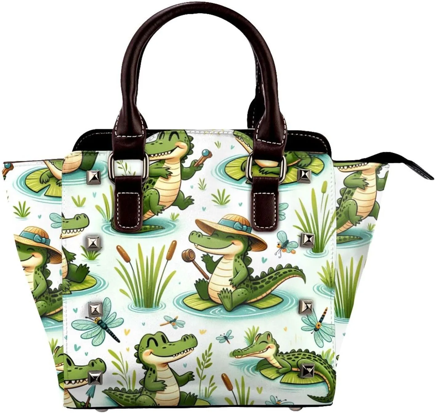 Tropical-Alligator-Paradise Pu Leather Crossbody Studded Bag, Fashionable Shoulder Handbag With Detachable Shoulder Strap