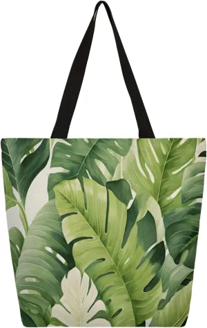 Tropical Leaves Watercolour Large Capacity Canvas Tote Bag Stylish Handheld Shoulder Bag Reusable Shopping Bag for Work Travel Beach Trips Shopping