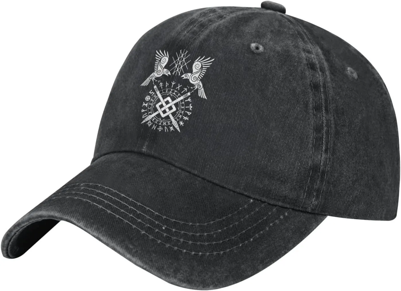 Twin Ravens of Odin Baseball Cap Washed Distressed Denim Dad Hat