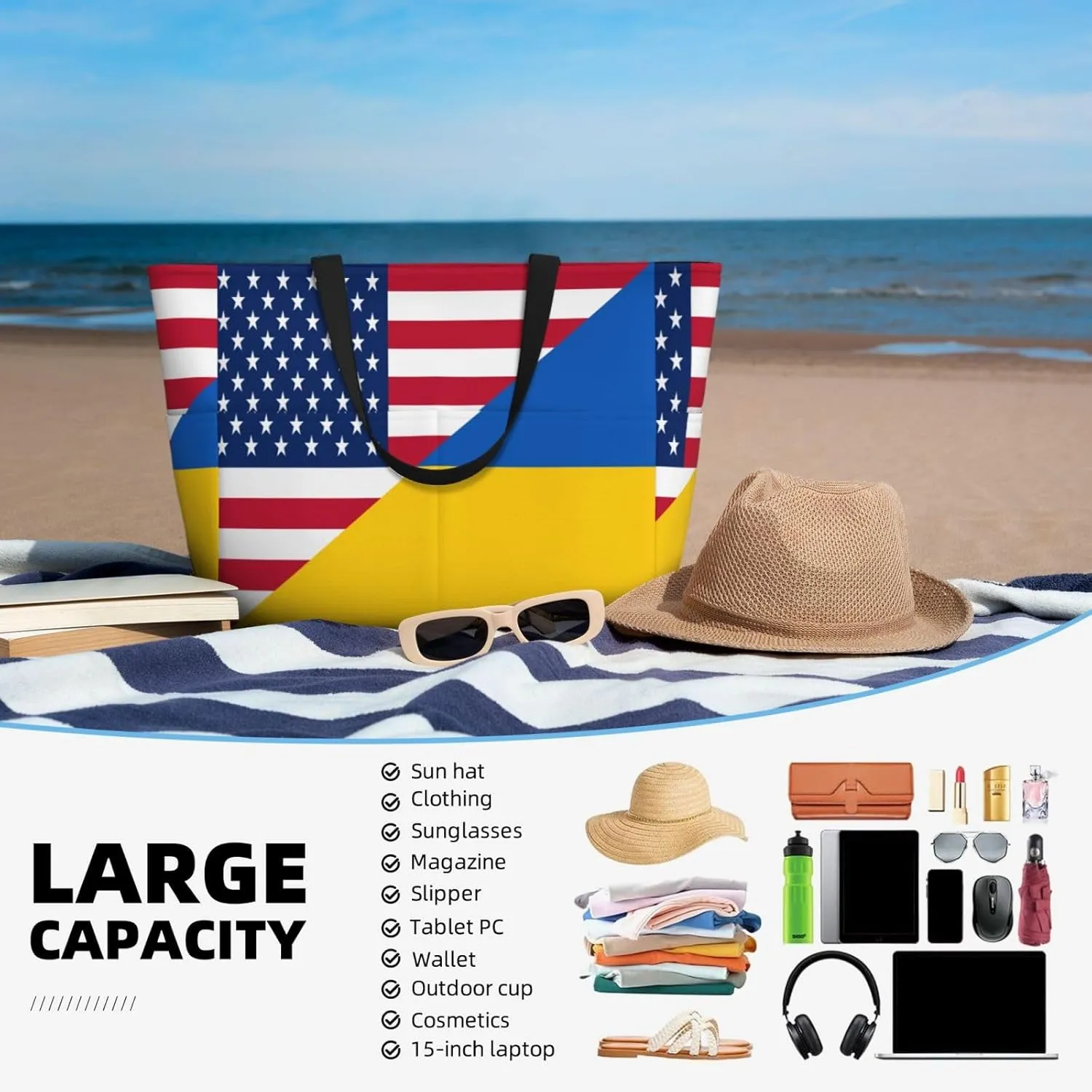 Ukraine American Friendship Tote Bag With 8 Storage Pockets Top Zip Shoulder Bag Handbag For Travel Work Women