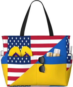 Ukraine American Friendship Tote Bag With 8 Storage Pockets Top Zip Shoulder Bag Handbag For Travel Work Women