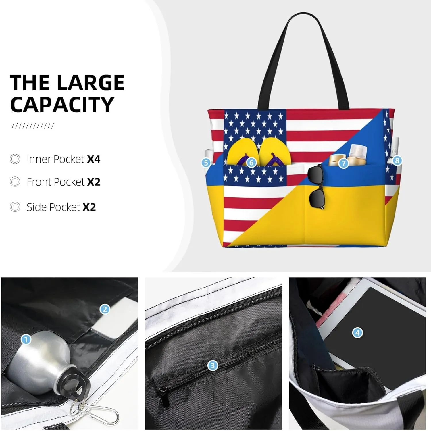 Ukraine American Friendship Tote Bag With 8 Storage Pockets Top Zip Shoulder Bag Handbag For Travel Work Women