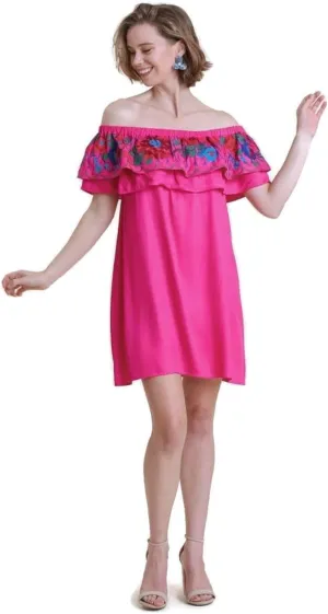 umgee USA Women's Embroidered Ruffled Off The Shoulder Dress, Fuchsia