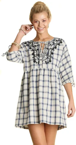 Umgee Women's Boho Vintage Chic Plaid Embroidered Woven 3/4 Sleeve Dress [Black] [M]
