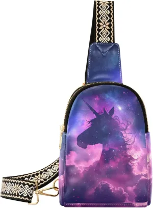 Unicorn Starry Sky Full-Print Leather Fashion Waist Pack Small Crossbody Bag with Card Slots & Adjustable Strap for Biking Shopping Hiking Running & Casual Outings