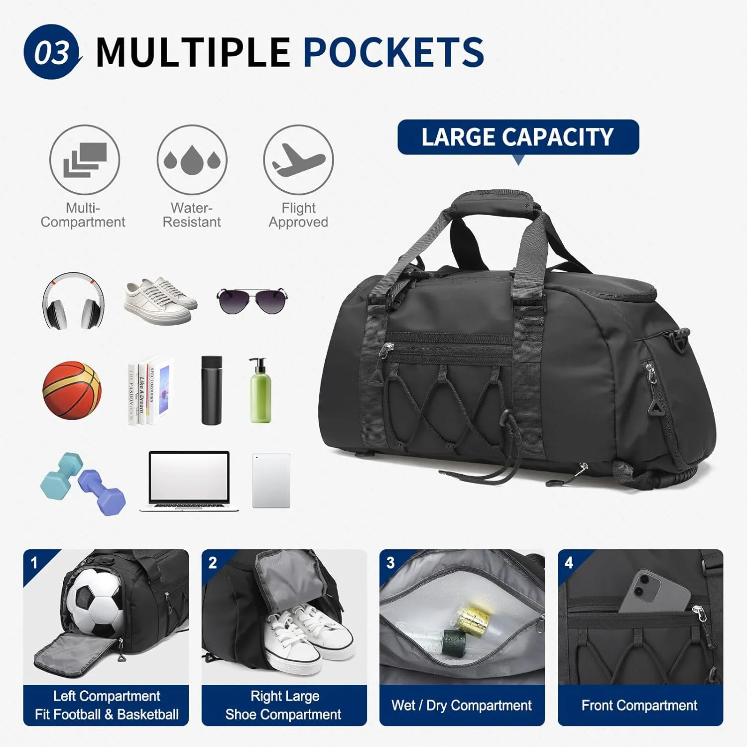 Unisex Travel Duffle Bag for Men Women, Waterproof Gym Bag with Shoe Compartment & Football Compartment, 32L Carry on Bag for Sports & Fitness, Black