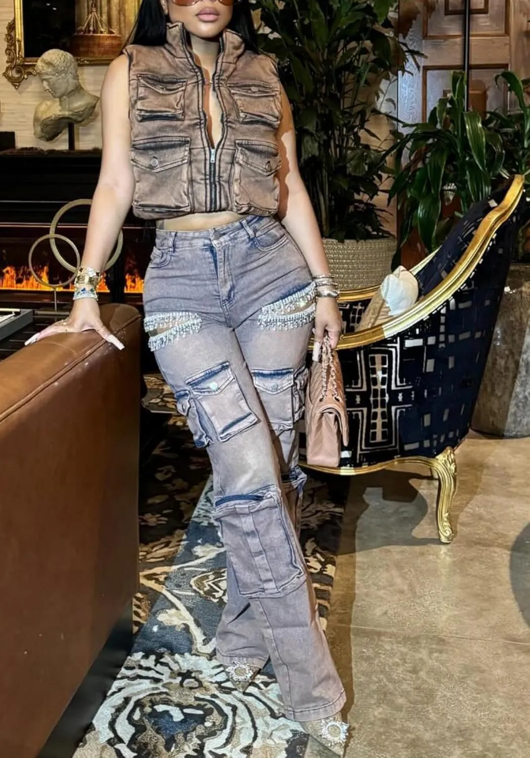 Unybwonn Women Rhinestone Cargo Jeans High Waisted Baggy Sexy Sparkly Cut Out Ripped Distressed Stretchy Denim Pants