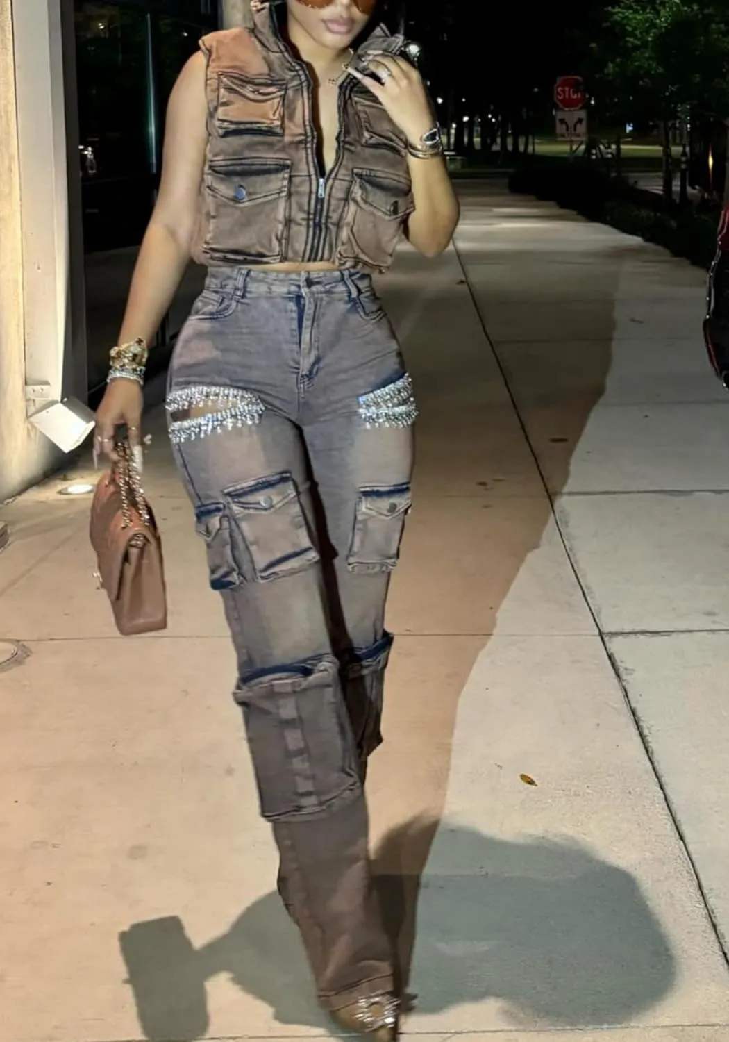 Unybwonn Women Rhinestone Cargo Jeans High Waisted Baggy Sexy Sparkly Cut Out Ripped Distressed Stretchy Denim Pants