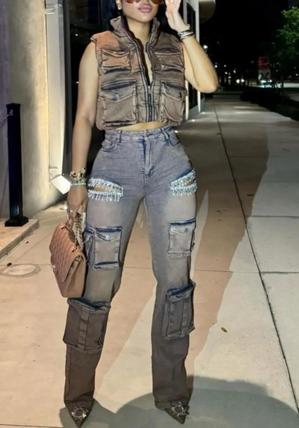Unybwonn Women Rhinestone Cargo Jeans High Waisted Baggy Sexy Sparkly Cut Out Ripped Distressed Stretchy Denim Pants