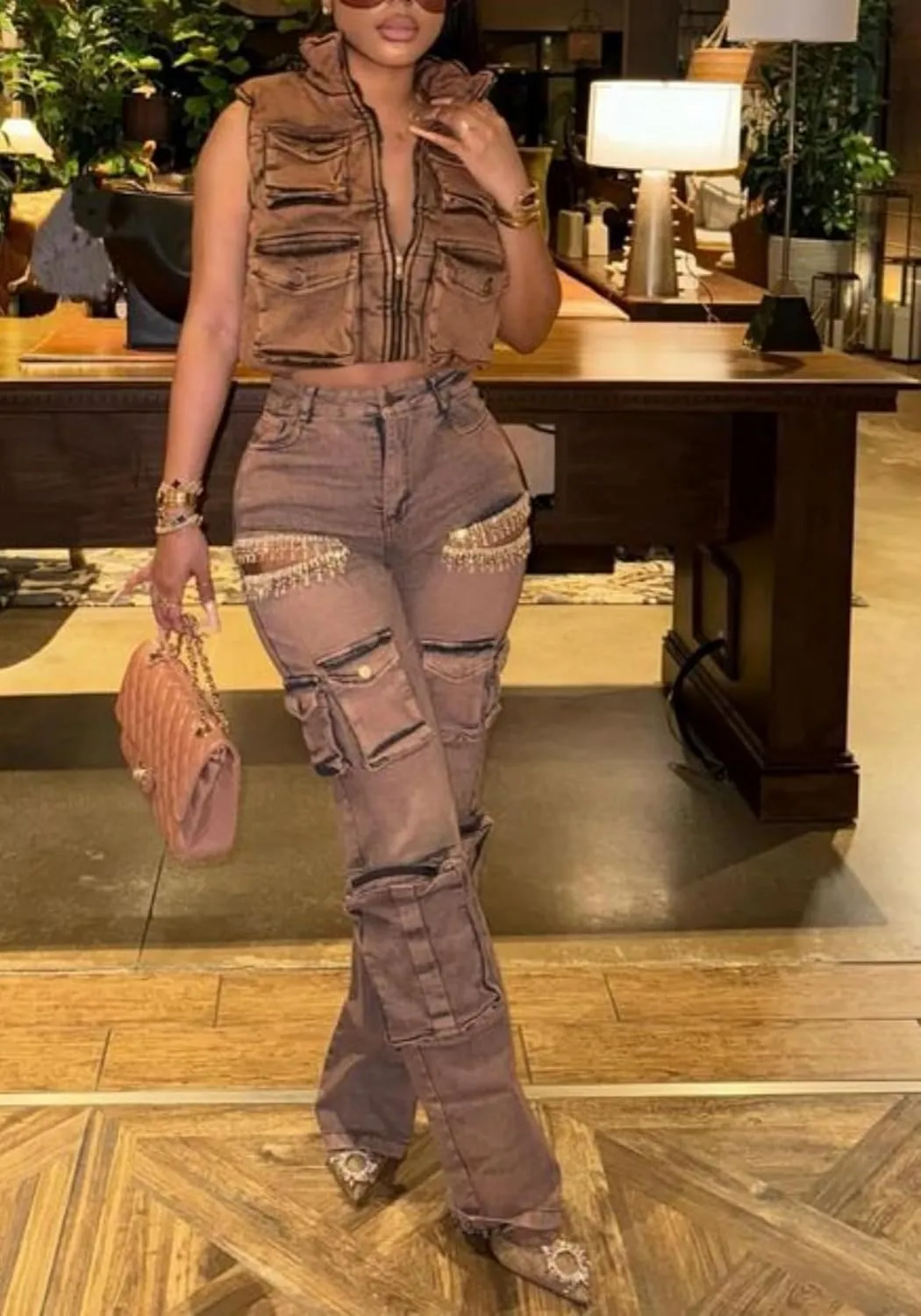 Unybwonn Women Rhinestone Cargo Jeans High Waisted Baggy Sexy Sparkly Cut Out Ripped Distressed Stretchy Denim Pants