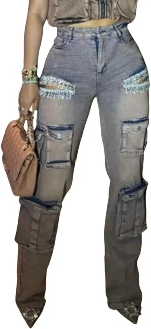 Unybwonn Women Rhinestone Cargo Jeans High Waisted Baggy Sexy Sparkly Cut Out Ripped Distressed Stretchy Denim Pants