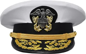 USA Navy Admiral White Cotton Removeable hat Gold Hand Embroidery peek Gold Chin Strap Metal Insignia 58cm