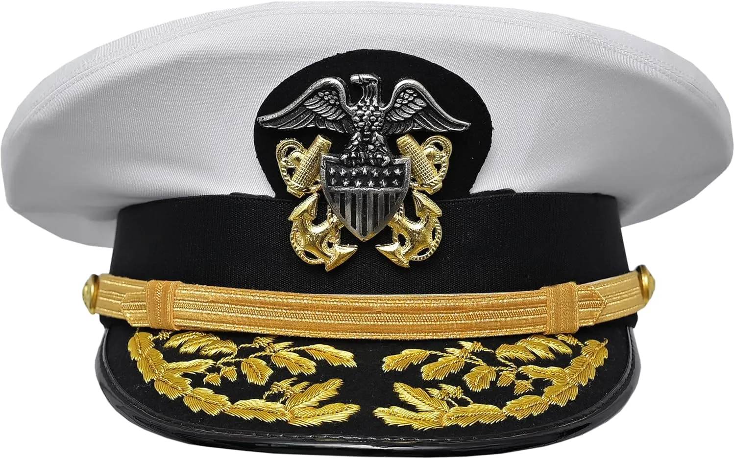 USA Navy Admiral White Cotton Removeable hat Gold Hand Embroidery peek Gold Chin Strap Metal Insignia 58cm